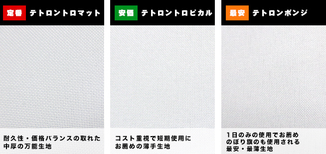 【定番】テトロントロマット：耐久性・価格バランスの取れた中厚の万能生地/【安価】テトロントロピカル：コスト重視で短期使用にお薦めの薄手生地/【最安】テトロンポンジ：1日のみの使用でお薦め　のぼり旗のも使用される最安・最薄生地